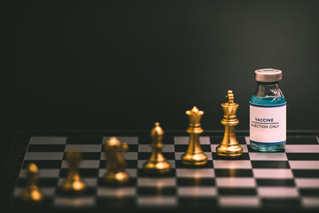 Comparative illustration of social inequality, vaccine, chess, black, dark background.