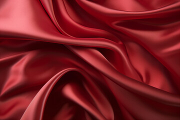 Obraz premium Red silk fabric in satin material in a close-up view. It's waving and flowing, creating a visually appealing and elegant appearance.