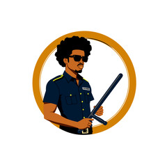 Realistic drawing of an African-American patrolman with a lush hairstyle with a police baton in his hand in a flat vector style
