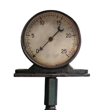 Old pressure gauge on the pipeline. Closeup of manometer. Pressure sensor. isolated on transparent background
