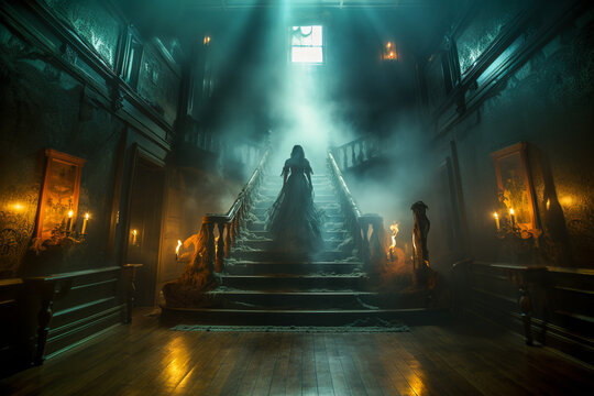 A ghostly female apparition descends a grand curved staircase - Powered by Adobe
