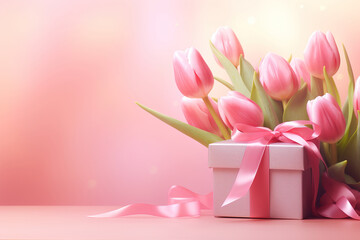 Generative ai: Bouquet of tulips and gift box on pink background