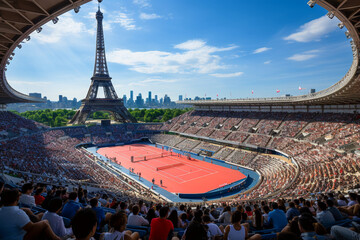 The tennis court in front of the Eiffel Tower - obrazy, fototapety, plakaty