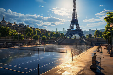 The tennis court in front of the Eiffel Tower