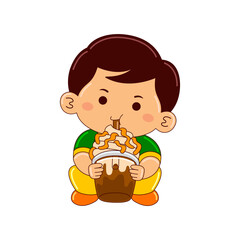 boy kids drinking iced caramel frappucino