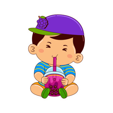 boy kids drinking iced bubble grape tea