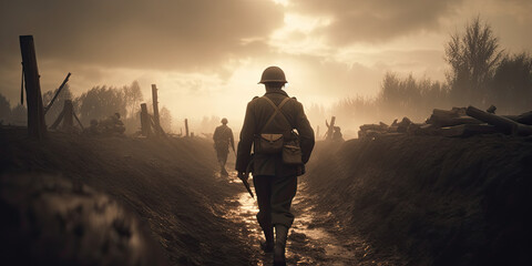 Rear view of a group of young soldiers marching across a muddy field. Generative AI