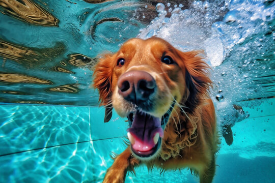 dog pool fun puppy vacation underwater swimming snorkeling funny water. Generative AI.
