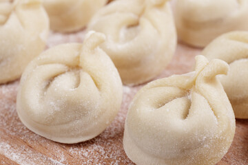 Uncooked dumplings on the wooden board. Homemade dumplings closeup. Macro shot.