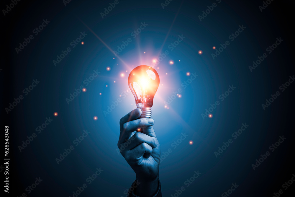 Poster hand holding glowing lightbulb for creative thinking idea with solution problem solving and innovati