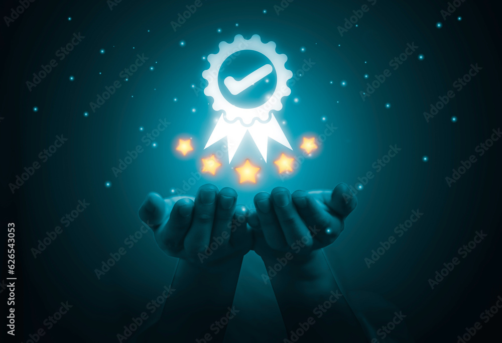 Poster Two hands holding and showing the best quality assurance with golden five stars for guarantee product and ISO service concept.
