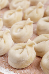Uncooked dumplings on the wooden board. Homemade dumplings closeup. Macro shot.