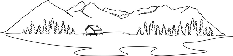 continuous single line drawing of cabin at lakeshore in beautiful mountain landscape, line art vector illustration