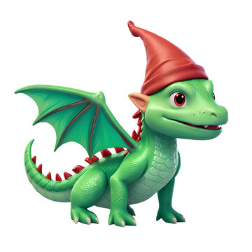 Christmas cute green little dragon with red santa claus hat, dragon for the new year
