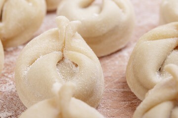 Uncooked dumplings on the wooden board. Homemade dumplings closeup. Macro shot.
