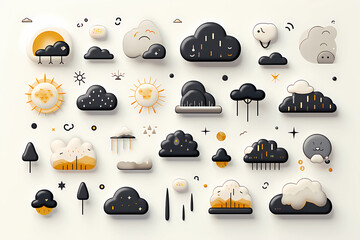 Set of vector icons representing different types of weather conditions, such as sun, rain, clouds, and lightning - obrazy, fototapety, plakaty