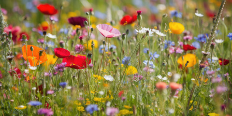Fototapeta premium Beautiful blooming wild flower meadow in summer. Generative AI