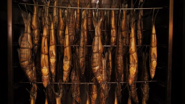 Smoked sturgeon in the smokehouse. Fish production plant.