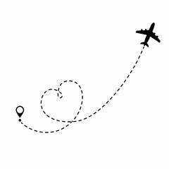Concept sex travel. Airplane route plane line path with heart. Aircraft tracking, love travel. Vector illustration.