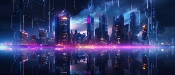 Fototapeta premium Digital cityscape at night, 3D rendered, high - rising neon - lit skyscrapers, floating holographic billboards, cyberpunk aesthetic, reflecting in wet streets after rain, deep perspective, Blade Runne