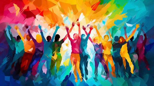 An abstract painting, vibrant colors representing diversity, unity and humanity holding hands in a circle, in a charity event, watercolor style, filled with love, warmth and compassion, bright, colorf