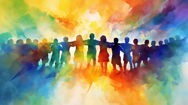 An abstract painting, vibrant colors representing diversity, unity and humanity holding hands in a circle, in a charity event, watercolor style, filled with love, warmth and compassion, bright, colorf