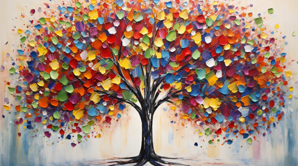Abstract impression of volunteering, colorful fingerprints forming a tree, representing growth and unity in a community, on a canvas, painted with acrylics