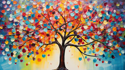 Abstract impression of volunteering, colorful fingerprints forming a tree, representing growth and unity in a community, on a canvas, painted with acrylics