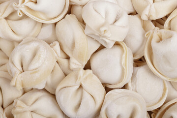 Frozen uncooked dumplings closeup. Macro shot.