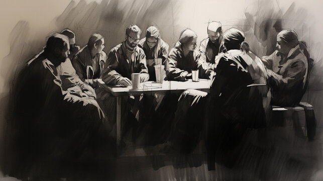 A charcoal sketch of a non - profit organization meeting, with faces passionately discussing and planning charity events, dramatic shadows and highlights, raw and powerful