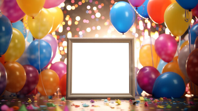 A festive scene of birthday celebration with a centrally positioned blank frame surrounded by balloons, confetti, and cake