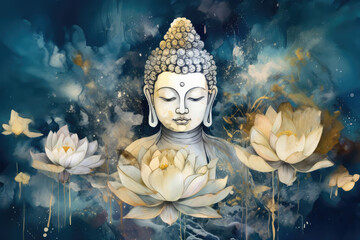  Lotus flowers and gold buddha, generative AI	

