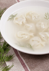 Bouillon with homemade pelmeni and fresh dill. Soup with dumplings and herbs on tablecloth.
