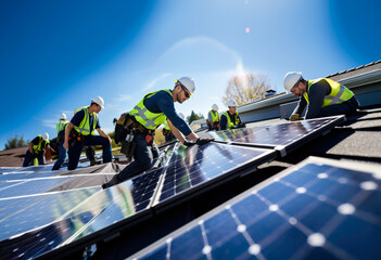 Group of workers installing solar photovoltaic panels on roof of building, sunny day. Generative AI