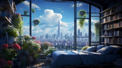 Tuinposter A room with a bed and a balcony with flowers. Generative AI © Tamim_Ahmed_CD