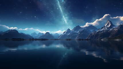 a crystal - clear lake under a star - filled sky, digital mountainscape in the background, reflections of a distant galaxy in the still water, peaceful, serene