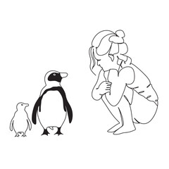 Girl and penguins one line.
