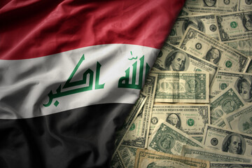 colorful waving national flag of iraq on a american dollar money background. finance concept