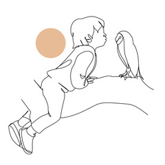 The boy talks to the owl, makes friends. One line vector art.