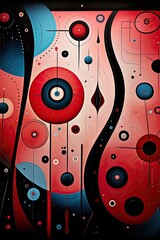 The image has a red and black abstract background with various shapes and lines. (Generative AI)