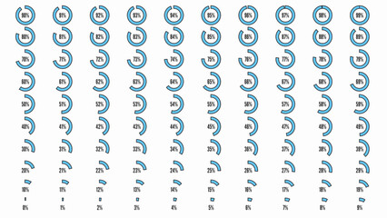 Set of icon for infographic. Big percent collection for user interface UI or business infographic. Percentage circle diagrams from 0 to 100. Black and blue shapes. Vector illustration. White bg