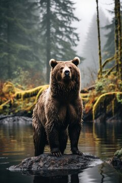 A brown bear stands atop a river by a forest. (Generative AI)