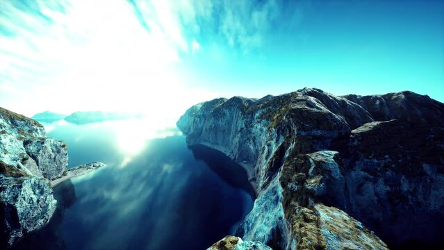 Aerial summer sky panorama view of norway mountains