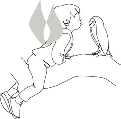 The boy talks to the owl, makes friends. One line vector art.