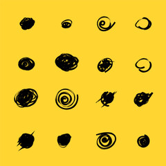 Set of hand drawn doodle circles in a grunge style. Yellow background. Scribble doodle circle and point. Collection black shapes dots and drops. Vector illustration for bullet journal.