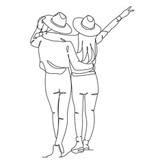 Girlfriends rest together one line art. One line drawing vector.
