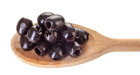 Pitted black olives on wooden spoon isolated