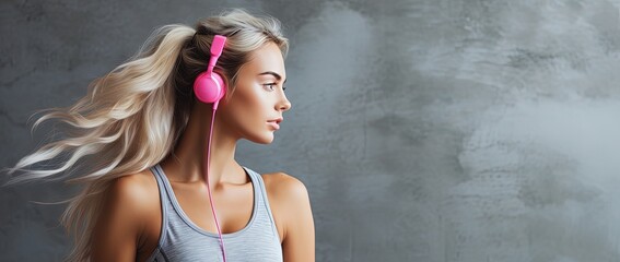 Young sporty woman in sportswear with wireless headset 