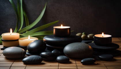 Obraz na płótnie Canvas Basalt Stones and Candles - Symbolizing Aromatherapy and Spa Massage - Generative AI