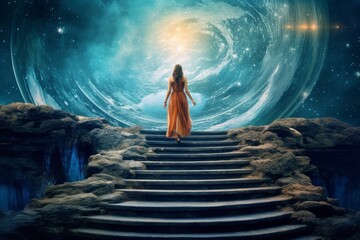A woman walking up the stairs in a planetarium-themed concept - obrazy, fototapety, plakaty